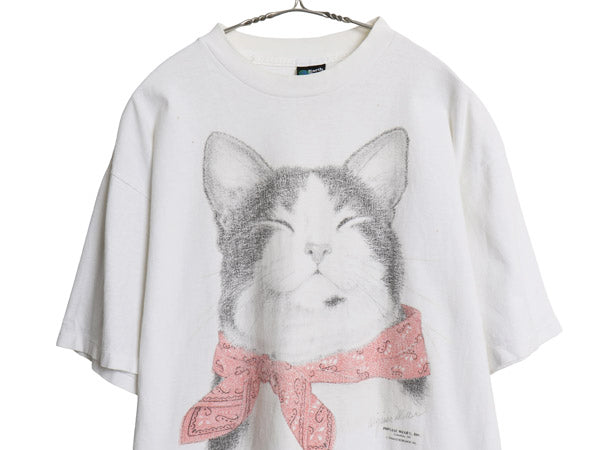 90s ネコ アート イラスト プリント Tシャツ メンズ レディース XL / オールド アニマル キャラクター シングルステッチ 大きいサイズ 白