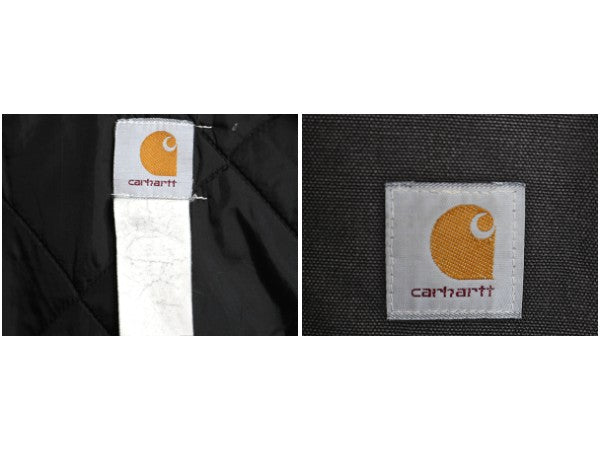 90s USA製 ★ カーハート 中綿 ダック ベスト メンズ L 古着 オールド フルジップ 腰ゴム ナイロン キルティング ライナー 前開き ブラック