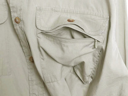 00s オービス 長袖 フィッシング シャツ メンズ L / オールド アウトドア サファリ ワーク コットン 長袖シャツ 無地 ポケット付き カーキ