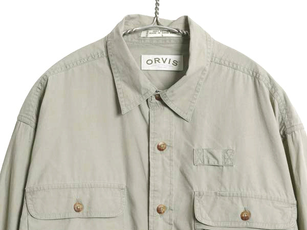 00s オービス 長袖 フィッシング シャツ メンズ L / オールド アウトドア サファリ ワーク コットン 長袖シャツ 無地 ポケット付き カーキ