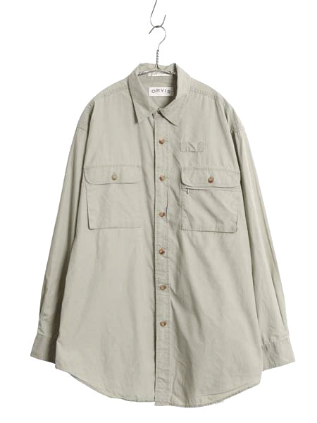 00s オービス 長袖 フィッシング シャツ メンズ L / オールド アウトドア サファリ ワーク コットン 長袖シャツ 無地 ポケット付き カーキ