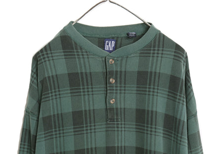 90's オールド ギャップ ヘンリーネック 長袖 Tシャツ メンズ XL 旧タグ ロンT ヘビーウェイト ストレッチ コットン チェック 大きいサイズ