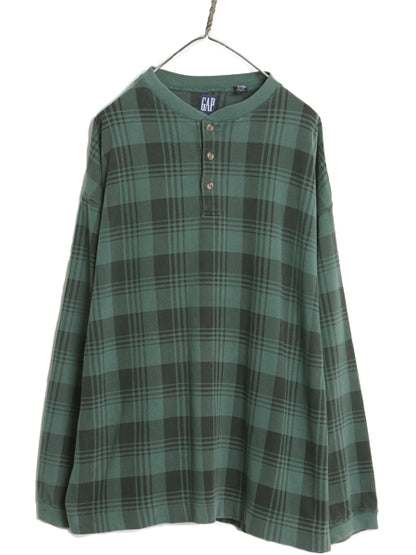 90's オールド ギャップ ヘンリーネック 長袖 Tシャツ メンズ XL 旧タグ ロンT ヘビーウェイト ストレッチ コットン チェック 大きいサイズ