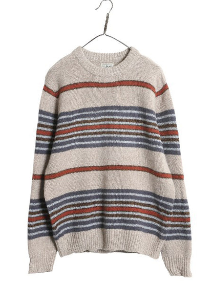 エルエルビーン ボーダー ニット セーター メンズ M アウトドア ラム ウール クルーネック 長袖ニット ミドルゲージ リブ編み マルチカラー