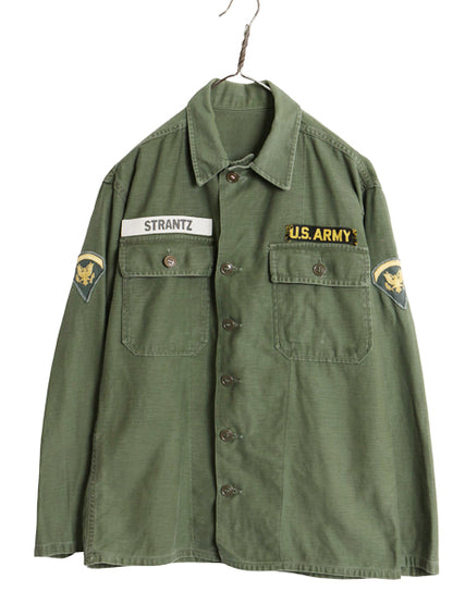 60s 米軍実物 US ARMY コットン サテン ユーティリティ シャツ M 程 ヴィンテージ 60年製 OG107 筒袖 1st 後期 ミリタリー 軍物 ワッペン