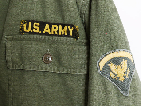 60s 米軍実物 US ARMY コットン サテン ユーティリティ シャツ M 程 ヴィンテージ 60年製 OG107 筒袖 1st 後期 ミリタリー 軍物 ワッペン