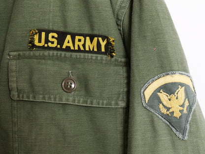 60s 米軍実物 US ARMY コットン サテン ユーティリティ シャツ M 程 ヴィンテージ 60年製 OG107 筒袖 1st 後期 ミリタリー 軍物 ワッペン