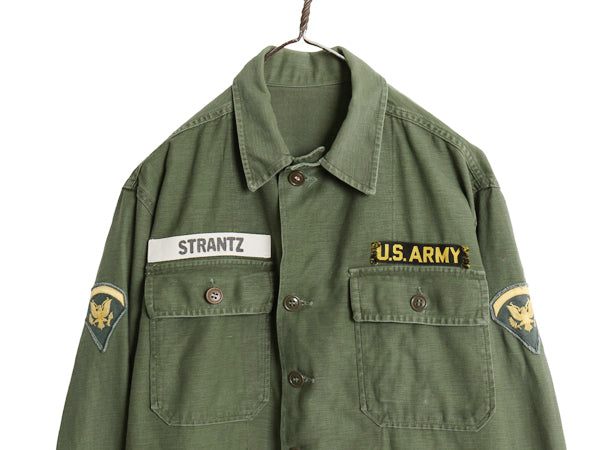 60s 米軍実物 US ARMY コットン サテン ユーティリティ シャツ M 程 ヴィンテージ 60年製 OG107 筒袖 1st 後期 ミリタリー 軍物 ワッペン