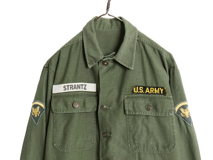 60s 米軍実物 US ARMY コットン サテン ユーティリティ シャツ M 程 ヴィンテージ 60年製 OG107 筒袖 1st 後期 ミリタリー 軍物 ワッペン