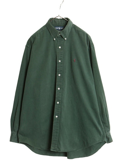90s ラルフローレン 長袖 ボタンダウン シャツ メンズ L / オールド ポロ BLAIRE コットン ツイル 無地 ワンポイント ポニー 刺繍 グリーン