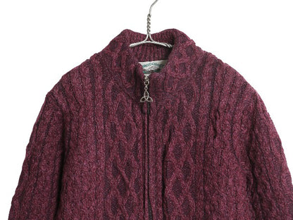 アイルランド製 aran crafts フルジップ フィッシャーマン ニット セーター レディース M 古着 メリノ ウール ジャケット アラン ケーブル