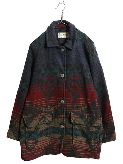 80s USA製 エルエルビーン ネイティブ ラグ ジャケット レディース M / 古着 ヴィンテージ ウール ハーフ コート 総柄 コンチョ アウトドア