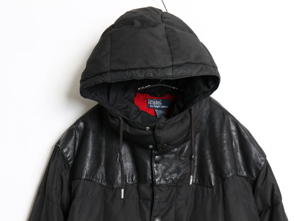 90s ポロ ラルフローレン 本革 レザー 切替 ダウン ジャケット メンズ XXL オールド ナイロン マウンテン パーカー フード 大きいサイズ 黒