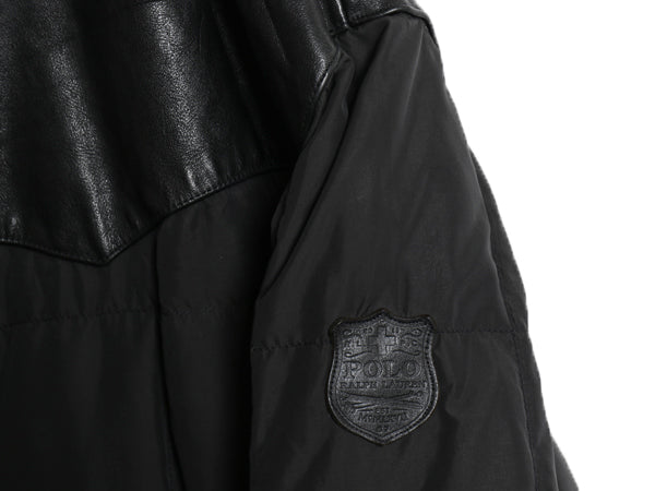 90s ポロ ラルフローレン 本革 レザー 切替 ダウン ジャケット メンズ XXL オールド ナイロン マウンテン パーカー フード 大きいサイズ 黒