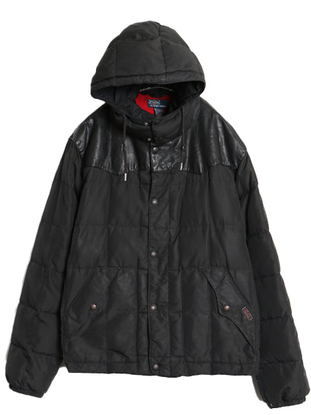 90s ポロ ラルフローレン 本革 レザー 切替 ダウン ジャケット メンズ XXL オールド ナイロン マウンテン パーカー フード 大きいサイズ 黒