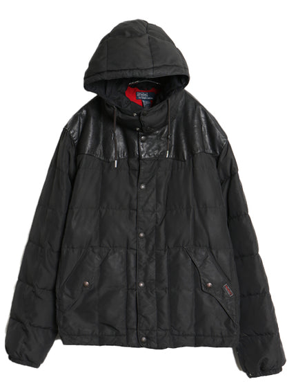 90s ポロ ラルフローレン 本革 レザー 切替 ダウン ジャケット メンズ XXL オールド ナイロン マウンテン パーカー フード 大きいサイズ 黒