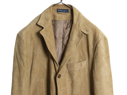 00s ポロ ラルフローレン 本革 ヌバック レザー テーラード ジャケット メンズ L 古着 オールド 革ジャン ブレザー スウェード ブルゾン 茶