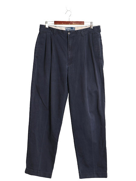 90s ポロ ラルフローレン チノ パンツ メンズ 36 32 オールド HAMMOND PANT コットン スラックス ツータック ストレート 裾ダブル ネイビー