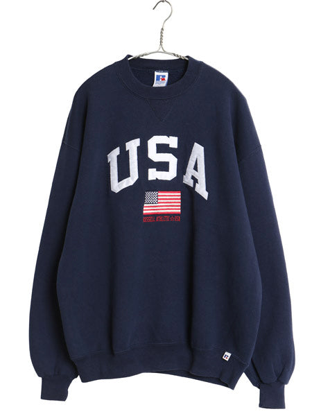 90s USA製 ラッセル 星条旗 刺繍 スウェット メンズ レディース XL / オールド トレーナー 裏起毛 前V クルーネック ネイビー 大きいサイズ