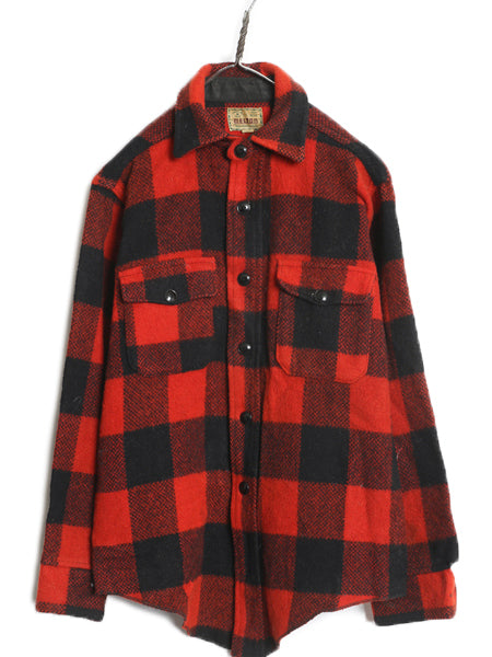 60s USA製 MELTON CPO ウール シャツ メンズ M 古着 ヴィンテージ ブロック チェック 長袖シャツ ジャケット ツートン バッファロー 赤 黒