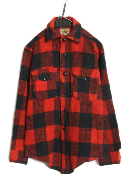 60s USA製 MELTON CPO ウール シャツ メンズ M 古着 ヴィンテージ ブロック チェック 長袖シャツ ジャケット ツートン バッファロー 赤 黒