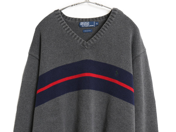 90s ポロ ラルフローレン Vネック ボーダー コットン ニット セーター メンズ XL / オールド 長袖ニット ワンポイント 大きいサイズ グレー