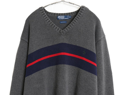 90s ポロ ラルフローレン Vネック ボーダー コットン ニット セーター メンズ XL / オールド 長袖ニット ワンポイント 大きいサイズ グレー