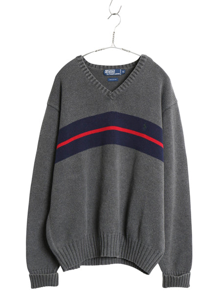 90s ポロ ラルフローレン Vネック ボーダー コットン ニット セーター メンズ XL / オールド 長袖ニット ワンポイント 大きいサイズ グレー