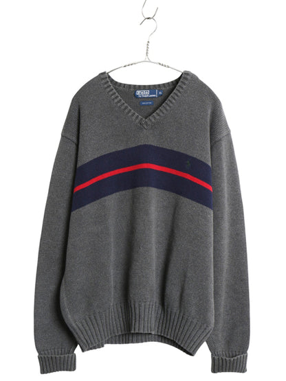 90s ポロ ラルフローレン Vネック ボーダー コットン ニット セーター メンズ XL / オールド 長袖ニット ワンポイント 大きいサイズ グレー