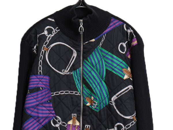 00s ローレン ラルフローレン 中綿 キルティング 切替 ニット セーター レディース XL オールド フルジップ ハイネック ジャケット 馬具 黒