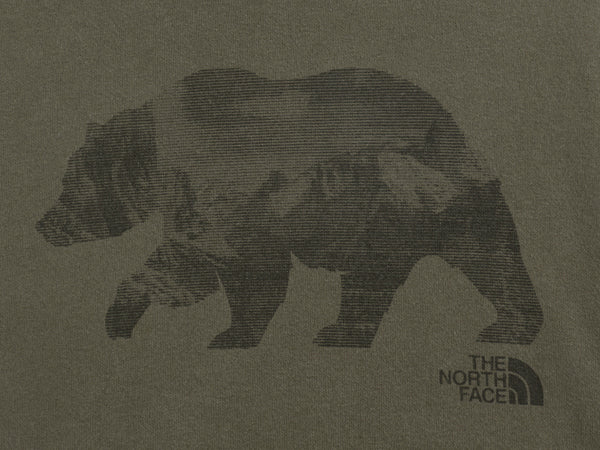 ノースフェイス プリント スウェット フード パーカー メンズ M 古着 裏起毛 プルオーバー トレーナー ベア イラスト グラフィック カーキ