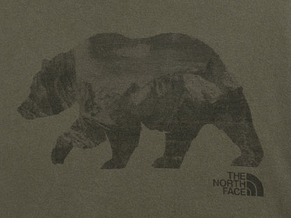 ノースフェイス プリント スウェット フード パーカー メンズ M 古着 裏起毛 プルオーバー トレーナー ベア イラスト グラフィック カーキ