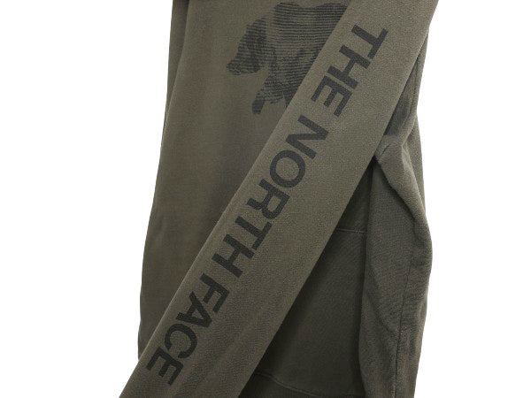 ノースフェイス プリント スウェット フード パーカー メンズ M 古着 裏起毛 プルオーバー トレーナー ベア イラスト グラフィック カーキ