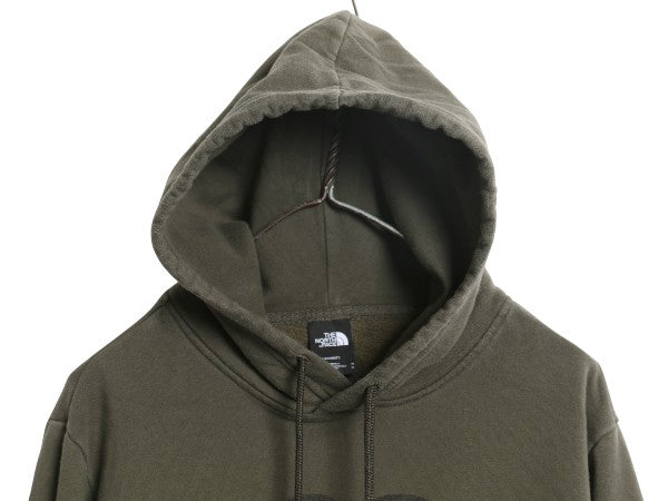 ノースフェイス プリント スウェット フード パーカー メンズ M 古着 裏起毛 プルオーバー トレーナー ベア イラスト グラフィック カーキ