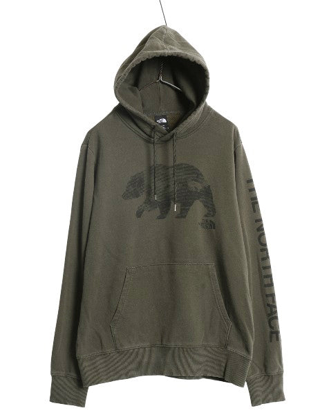 ノースフェイス プリント スウェット フード パーカー メンズ M 古着 裏起毛 プルオーバー トレーナー ベア イラスト グラフィック カーキ