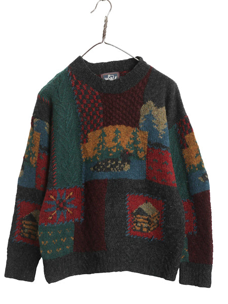 80s ウールリッチ デザイン ウール 二ット セーター レディース S ヴィンテージ 旧タグ 絵柄 パネル ハンドメイド 手編み 総柄 クレイジー