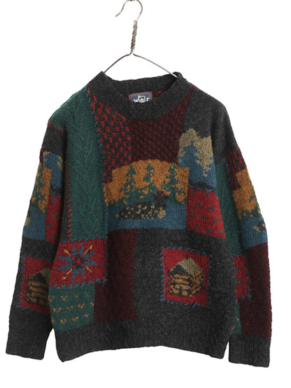 80s ウールリッチ デザイン ウール 二ット セーター レディース S ヴィンテージ 旧タグ 絵柄 パネル ハンドメイド 手編み 総柄 クレイジー