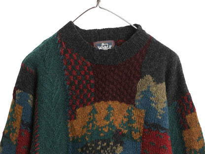 80s ウールリッチ デザイン ウール 二ット セーター レディース S ヴィンテージ 旧タグ 絵柄 パネル ハンドメイド 手編み 総柄 クレイジー