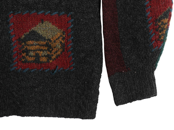 80s ウールリッチ デザイン ウール 二ット セーター レディース S ヴィンテージ 旧タグ 絵柄 パネル ハンドメイド 手編み 総柄 クレイジー