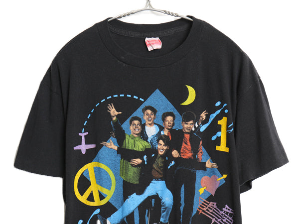 90s USA製 ニューキッズ オンザブロック プリント Tシャツ メンズ L 小さめ M 程 オールド イラスト オフィシャル 当時物 バンド ロック 黒
