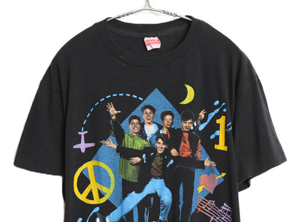 90s USA製 ニューキッズ オンザブロック プリント Tシャツ メンズ L 小さめ M 程 オールド イラスト オフィシャル 当時物 バンド ロック 黒