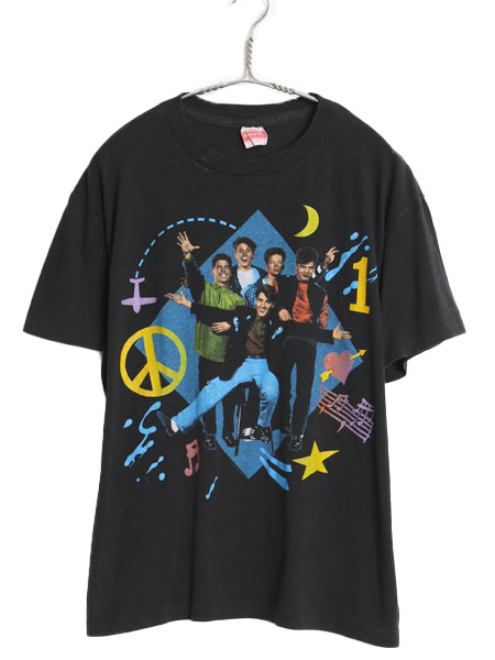 90s USA製 ニューキッズ オンザブロック プリント Tシャツ メンズ L 小さめ M 程 オールド イラスト オフィシャル 当時物 バンド ロック 黒