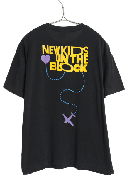 90s USA製 ニューキッズ オンザブロック プリント Tシャツ メンズ L 小さめ M 程 オールド イラスト オフィシャル 当時物 バンド ロック 黒