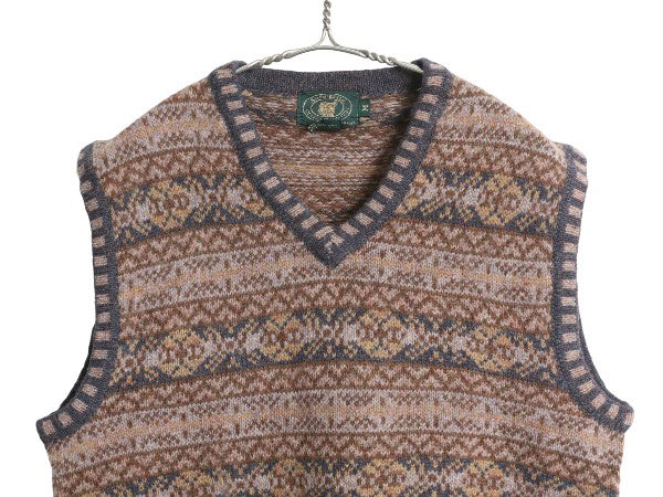 90s Vネック ニット ベスト メンズ レディース M / 古着 オールド ウール フェアアイル 総柄 セーター 重ね着 プルオーバー マルチカラー