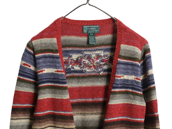 90s ローレン ラルフローレン ネイティブ ボーダー ニット カーディガン レディース M / ポロ ハンドメイド リネン コットン セーター 総柄