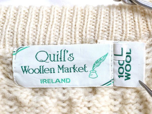 アイルランド製 フィッシャーマン ウール ニット セーター メンズ レディース L 古着 アラン ケーブル ローゲージ クルーネック ナチュラル