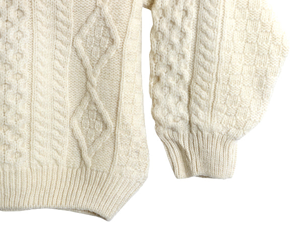 アイルランド製 フィッシャーマン ウール ニット セーター メンズ レディース L 古着 アラン ケーブル ローゲージ クルーネック ナチュラル