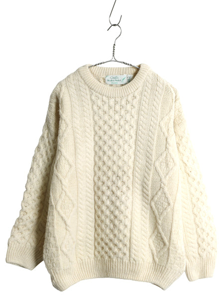アイルランド製 フィッシャーマン ウール ニット セーター メンズ レディース L 古着 アラン ケーブル ローゲージ クルーネック ナチュラル