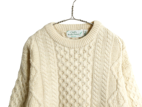 アイルランド製 フィッシャーマン ウール ニット セーター メンズ レディース L 古着 アラン ケーブル ローゲージ クルーネック ナチュラル