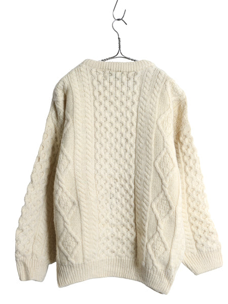 アイルランド製 フィッシャーマン ウール ニット セーター メンズ レディース L 古着 アラン ケーブル ローゲージ クルーネック ナチュラル